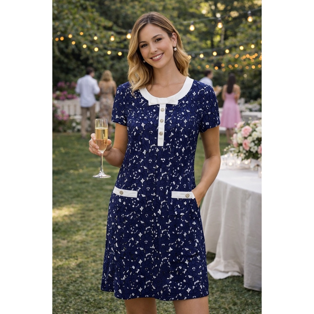 NWT Karl Lagerfeld Paris 12 Navy Blue Lace Dress White Collar Bow Buttons (N664)